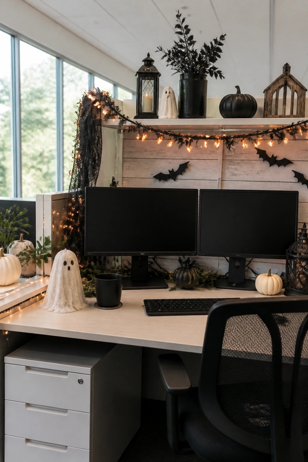Office cubicle with two monitors on a desk, white fabric ghosts placed on the surface, black bat cutouts on the wall, and string lights with dark fabric draped along the top shelf.