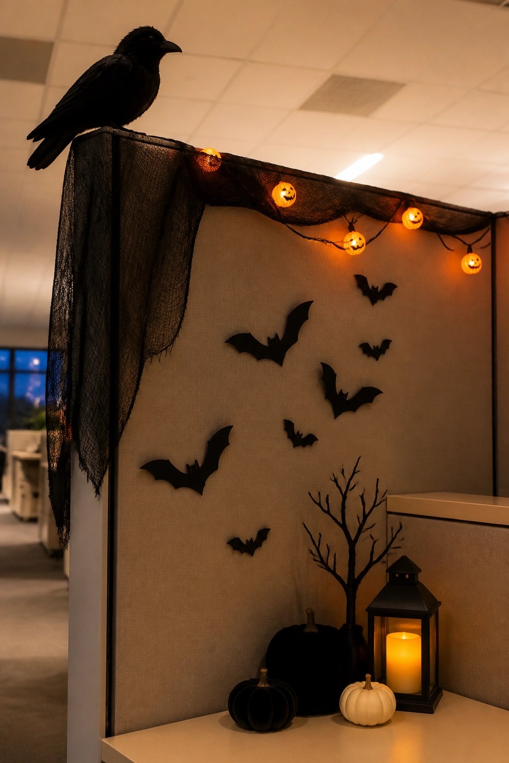 Office cubicle wall covered with black paper bats, a crow perched on top, pumpkin string lights along the edge, and small pumpkins with a lantern on the desk surface.