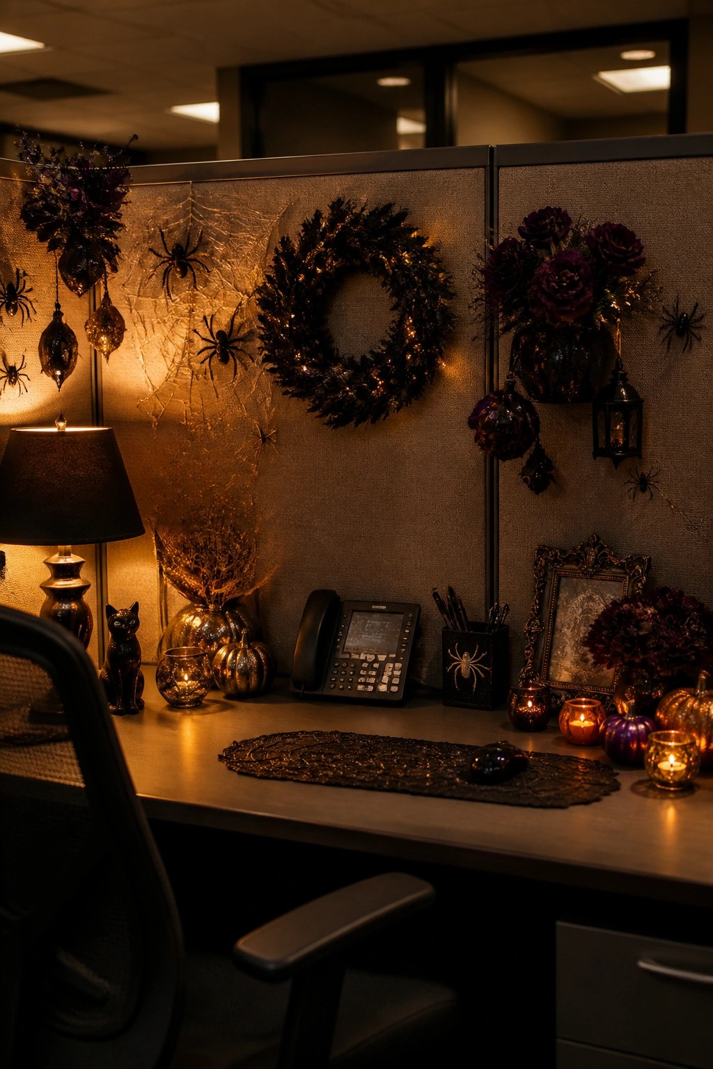 Office cubicle decorated with spiderwebs and black spiders across the fabric walls, a black wreath, and Halloween desk items.