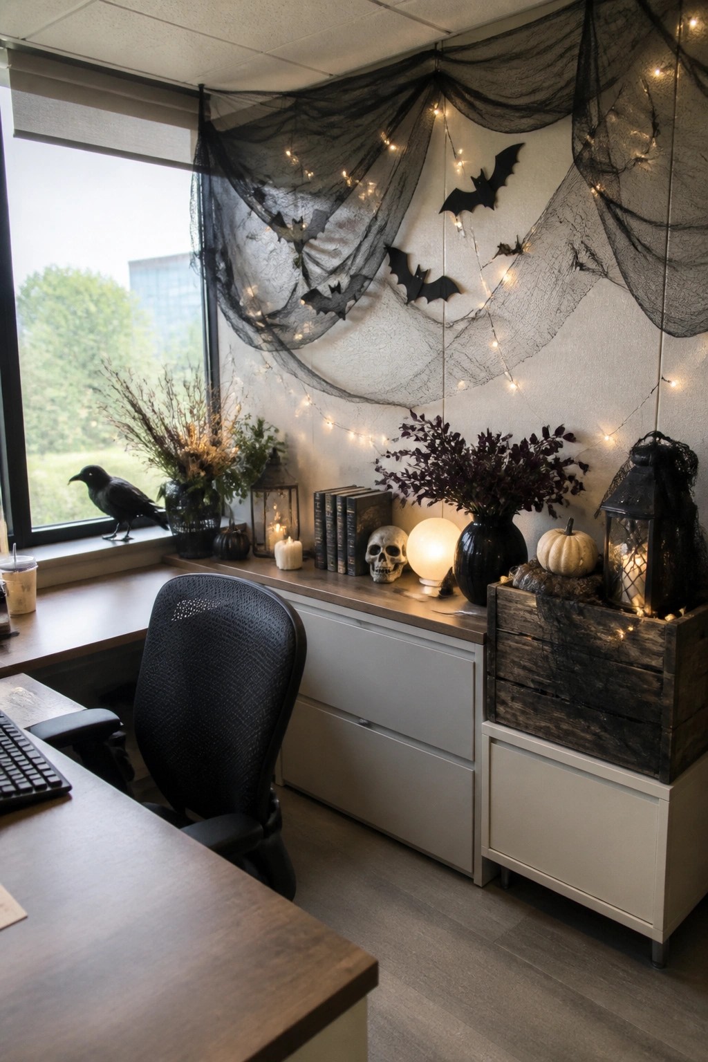 Office workspace with a desk, chair, and credenza topped with Halloween decor, including a wall covered in black sheer fabric, string lights, and multiple black bats.