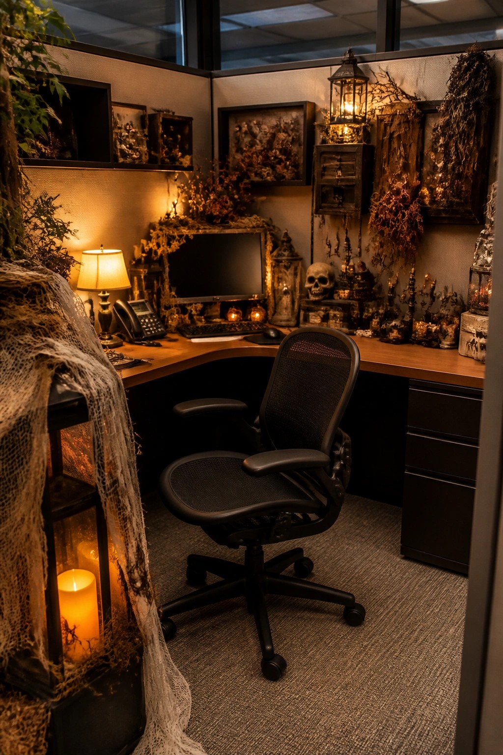 Office cubicle decorated with a skull, dark lanterns, dried branches, and framed art around a desk and black chair.