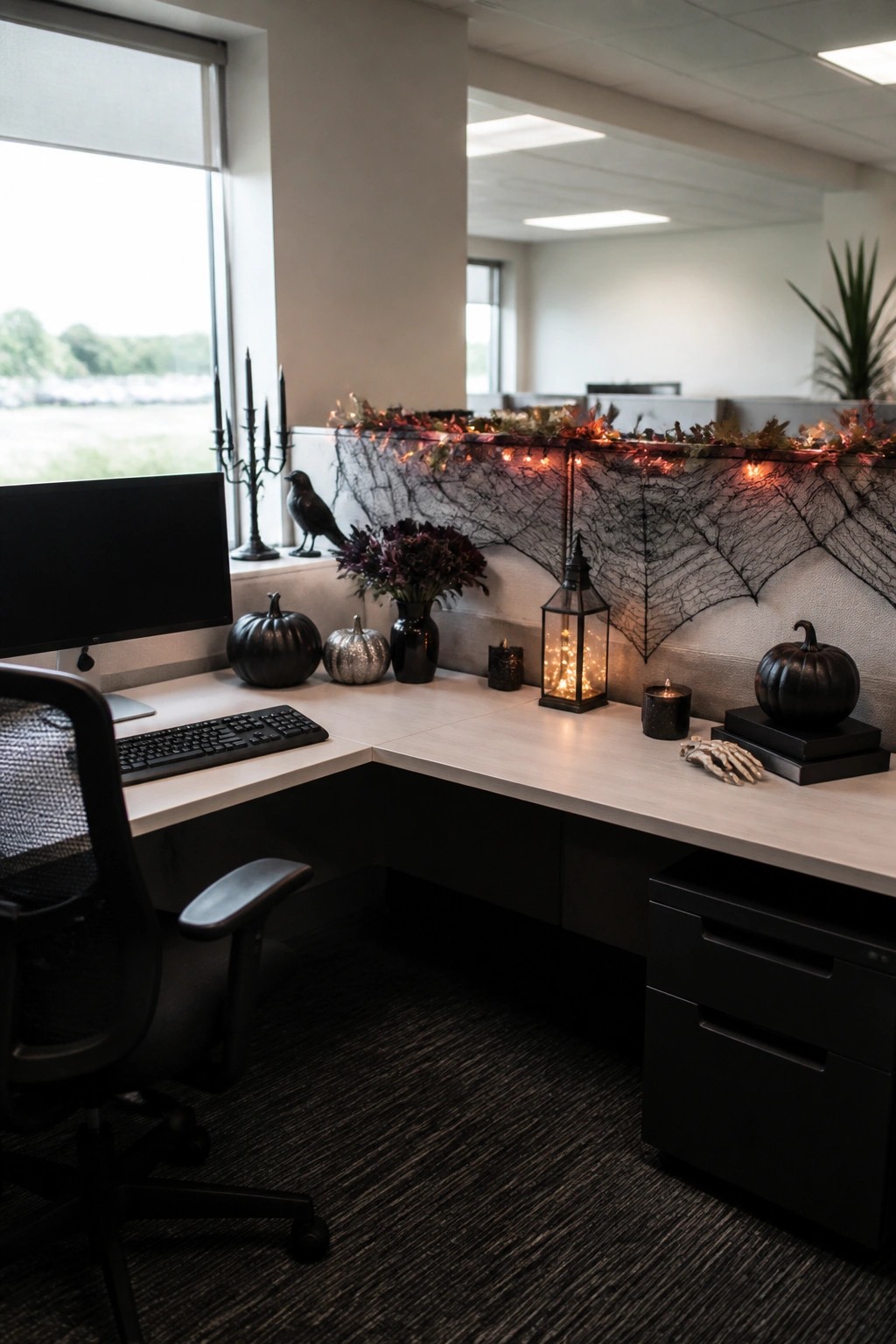 Office cubicle decorated with a large black spiderweb and string lights across the divider wall, plus black pumpkins, a crow, and a skeleton hand on the desk.
