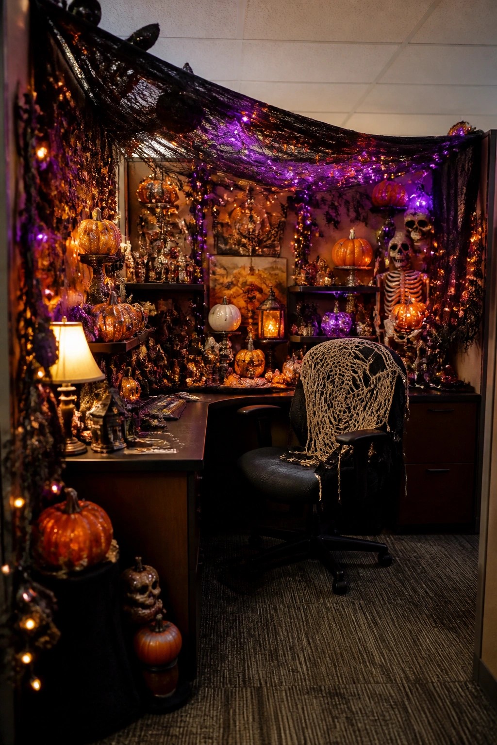Office cubicle with black netting stretched across the ceiling, purple and orange string lights, pumpkins on shelves, and a skeleton beside the desk.