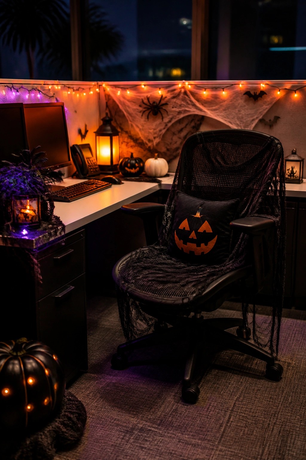 Halloween-decorated cubicle with spiderweb-draped chair, pumpkin pillow, string lights, and pumpkins