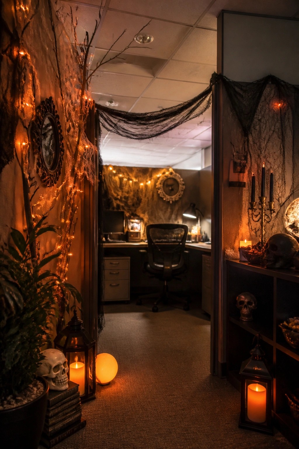 Office cubicle decorated with black spiderwebs stretched across the doorway and walls, plus skulls, lanterns, and candles on shelves.