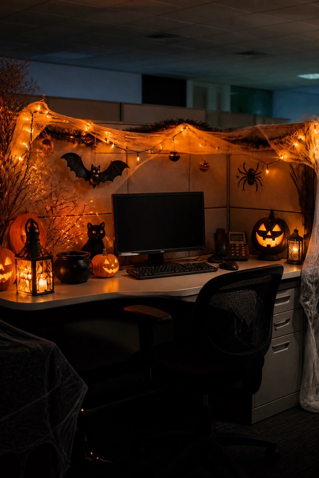 Halloween-decorated cubicle desk with glowing pumpkins, spiderwebs, string lights, and black chair.