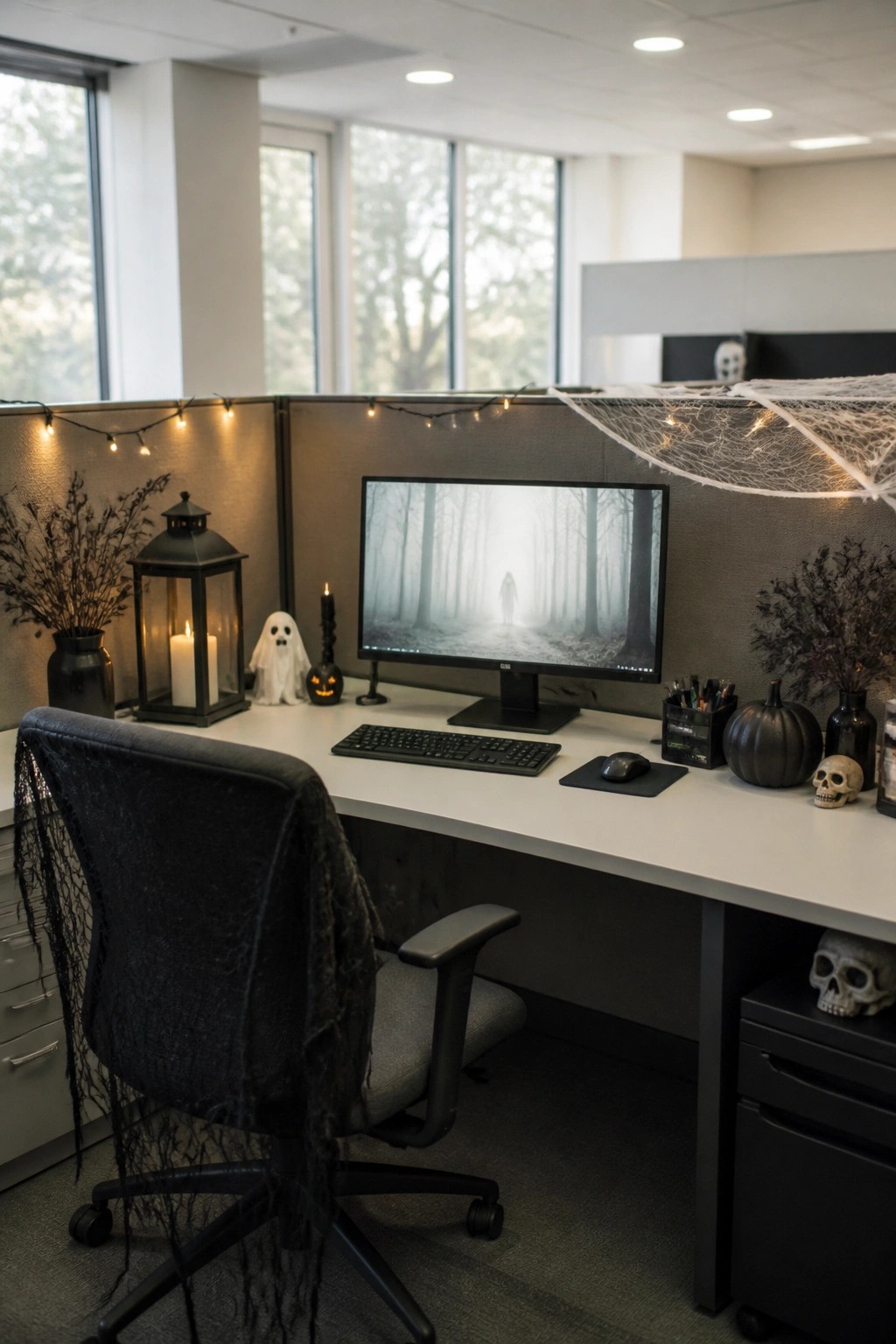 Office cubicle with fake spiderwebs and string lights draped along the top walls, plus ghosts, skulls, and black pumpkins on the desk.
