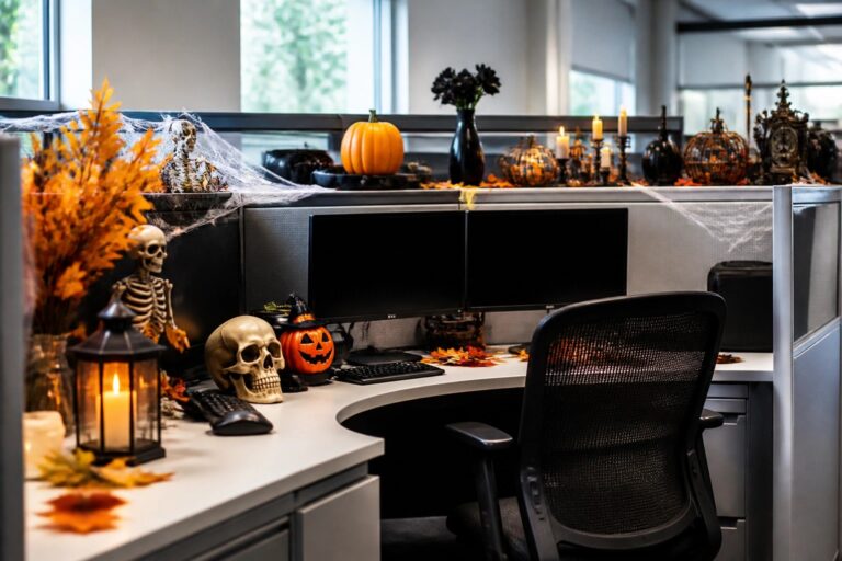 Office cubicle decorated with a large black spiderweb and string lights across the divider wall, plus black pumpkins, a crow, and a skeleton hand on the desk.