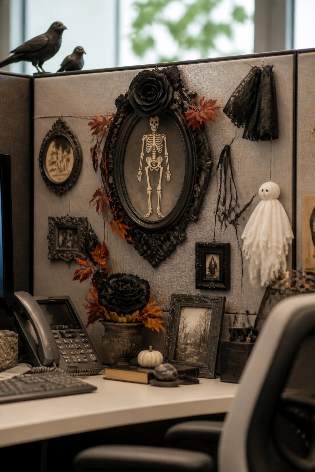 Office cubicle wall with a large skeleton in an ornate black frame as the main decoration, along with a hanging ghost and crows on the partition.