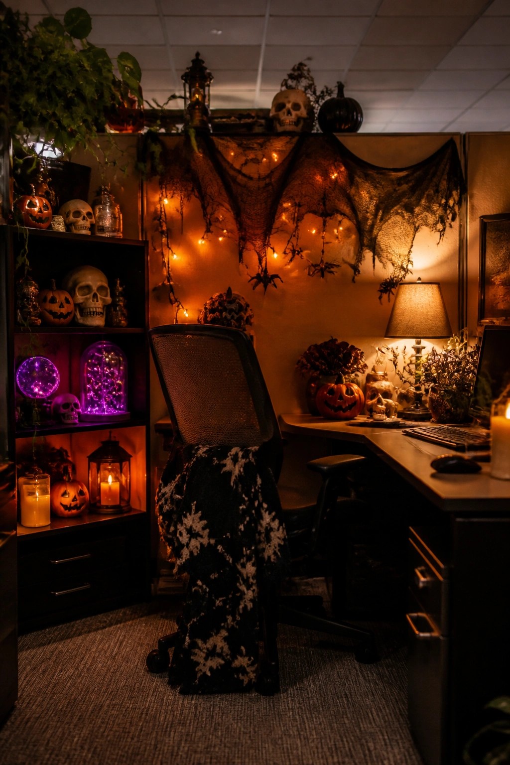 Office cubicle featuring a large spiderweb with string lights and bats across the back wall, plus skulls and pumpkins on nearby shelves.