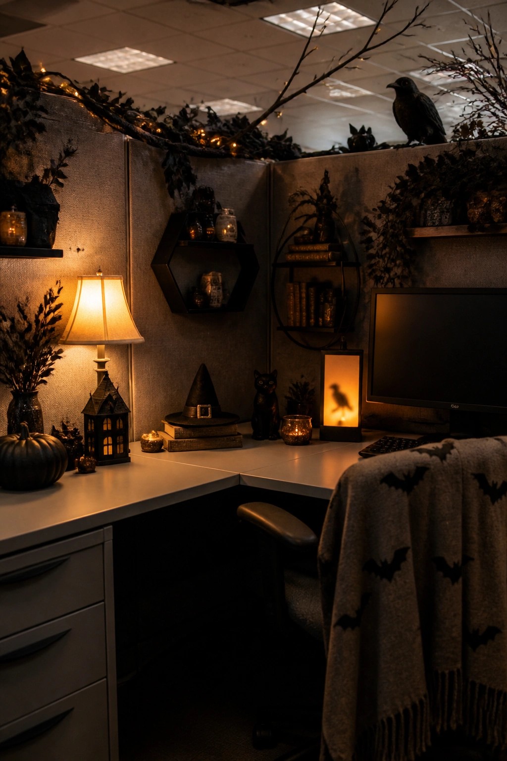Office cubicle decorated for Halloween with a black crow perched on the wall, a witch hat on stacked books, a black cat figurine, a bat-patterned blanket, and a pumpkin on the desk.