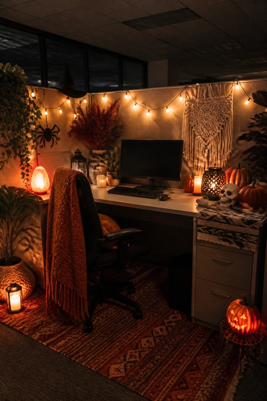 Office cubicle with string lights along the walls, pumpkins, a skull, and a spider accent on the partition.