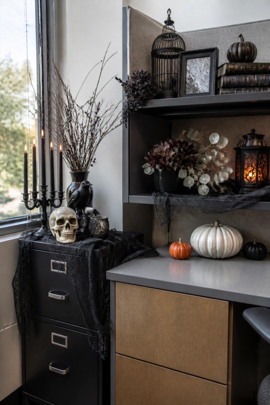 Office cubicle corner with a skull, black candelabra, crow figure, and black branches arranged on a filing cabinet next to a desk with pumpkins.