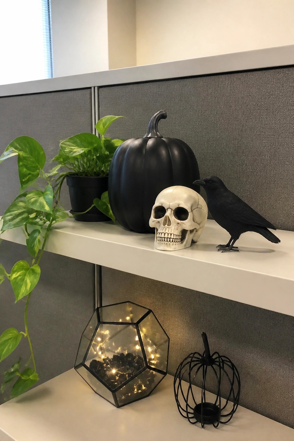 Office cubicle shelf with a white skull, black crow figurine, black pumpkin, and potted plant on top, plus a lit geometric lantern and wire pumpkin below.