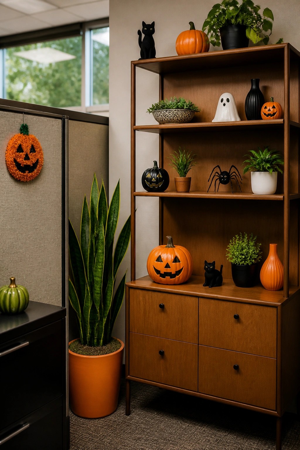 Office cubicle area with a wooden shelving unit decorated with multiple jack o lanterns, a white ghost figure, a black spider, and small potted plants on the shelves.