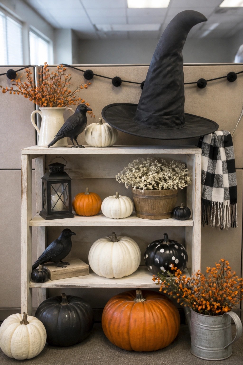 Office cubicle shelving unit topped with a large black witch hat and decorated with black crows, white and orange pumpkins, a lantern, and dried flowers.
