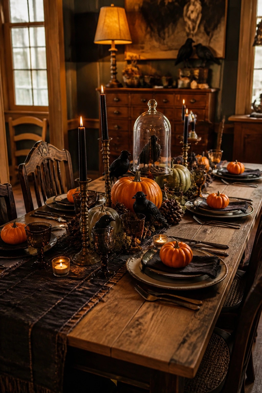 A wooden dining table set with black plates, orange pumpkins, black candles, and several black crows arranged around a glass cloche centerpiece.