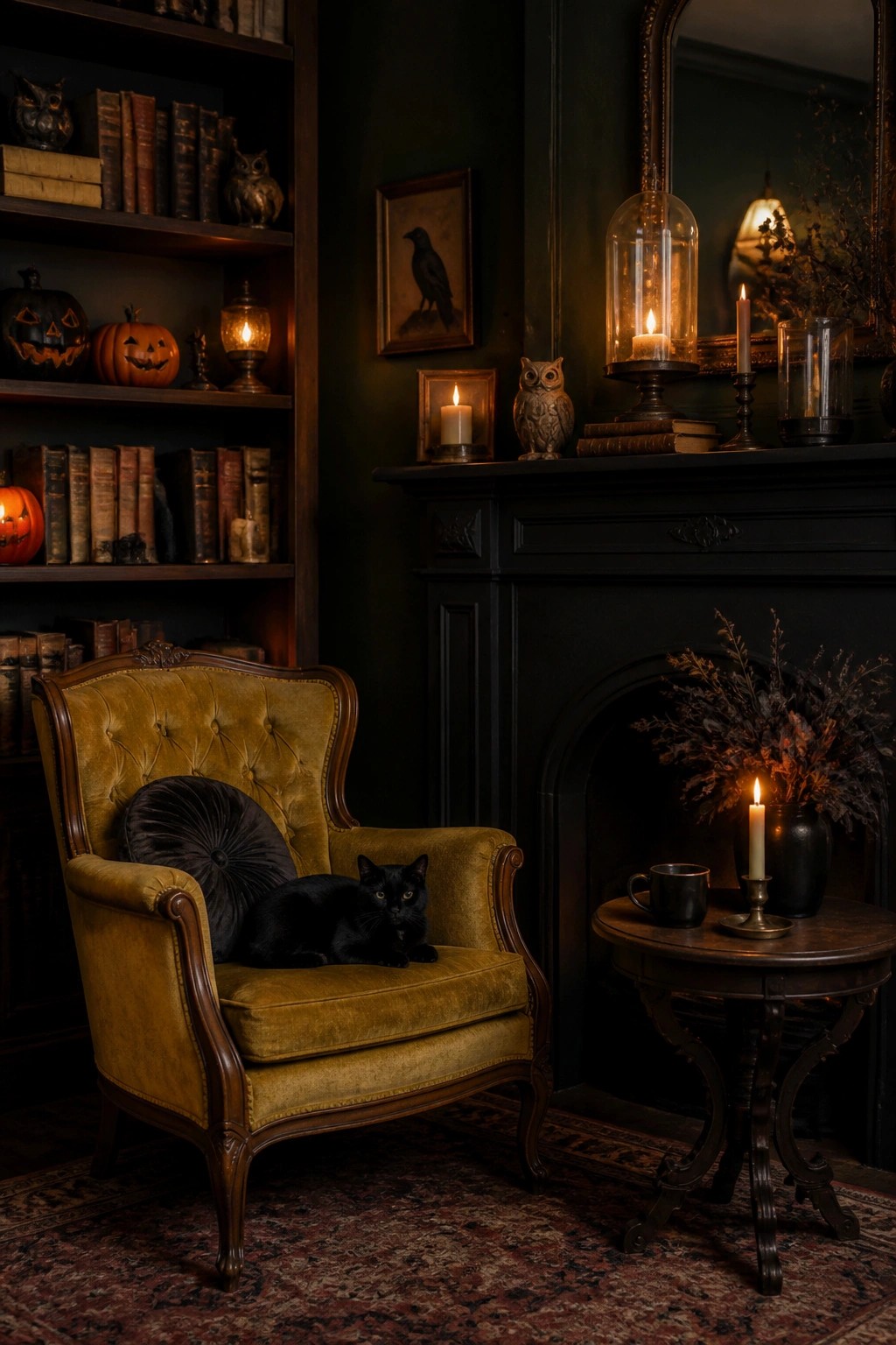 Dark living room fireplace mantel styled with a glass cloche candle, owl figurine, crow artwork, and stacked books beside a yellow armchair holding a black cat.