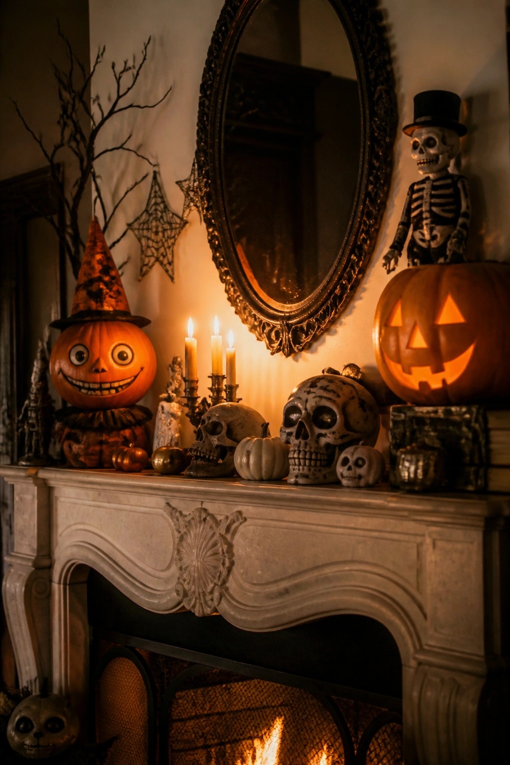 Fireplace mantel styled with a large jack-o'-lantern in a witch hat, a skeleton in a top hat, skulls, candles, and small pumpkins.
