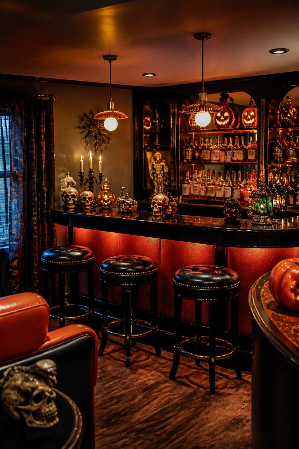 Opulent gothic bar with black leather stools, skulls, pumpkins, and warm pendant lights.