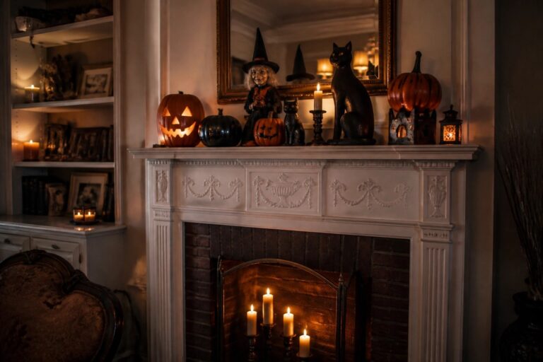 White fireplace mantel decorated with multiple glowing jack o lanterns, black candles, and owl figurines.