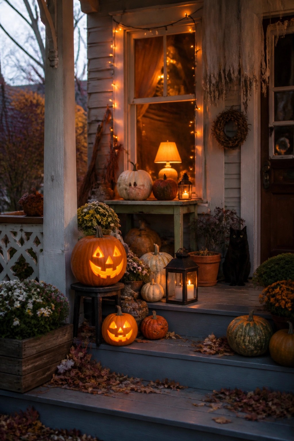 Front porch with multiple glowing jack o lanterns arranged on the steps and near the door, string lights around the window, and a black cat sitting nearby.