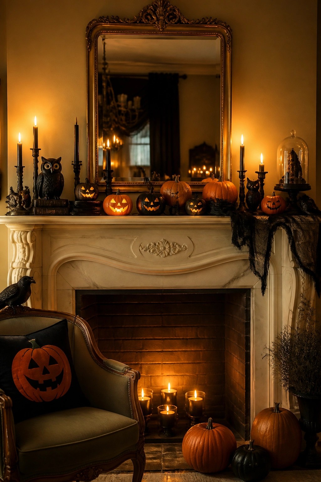 White fireplace mantel decorated with multiple glowing jack o lanterns, black candles, and owl figurines.