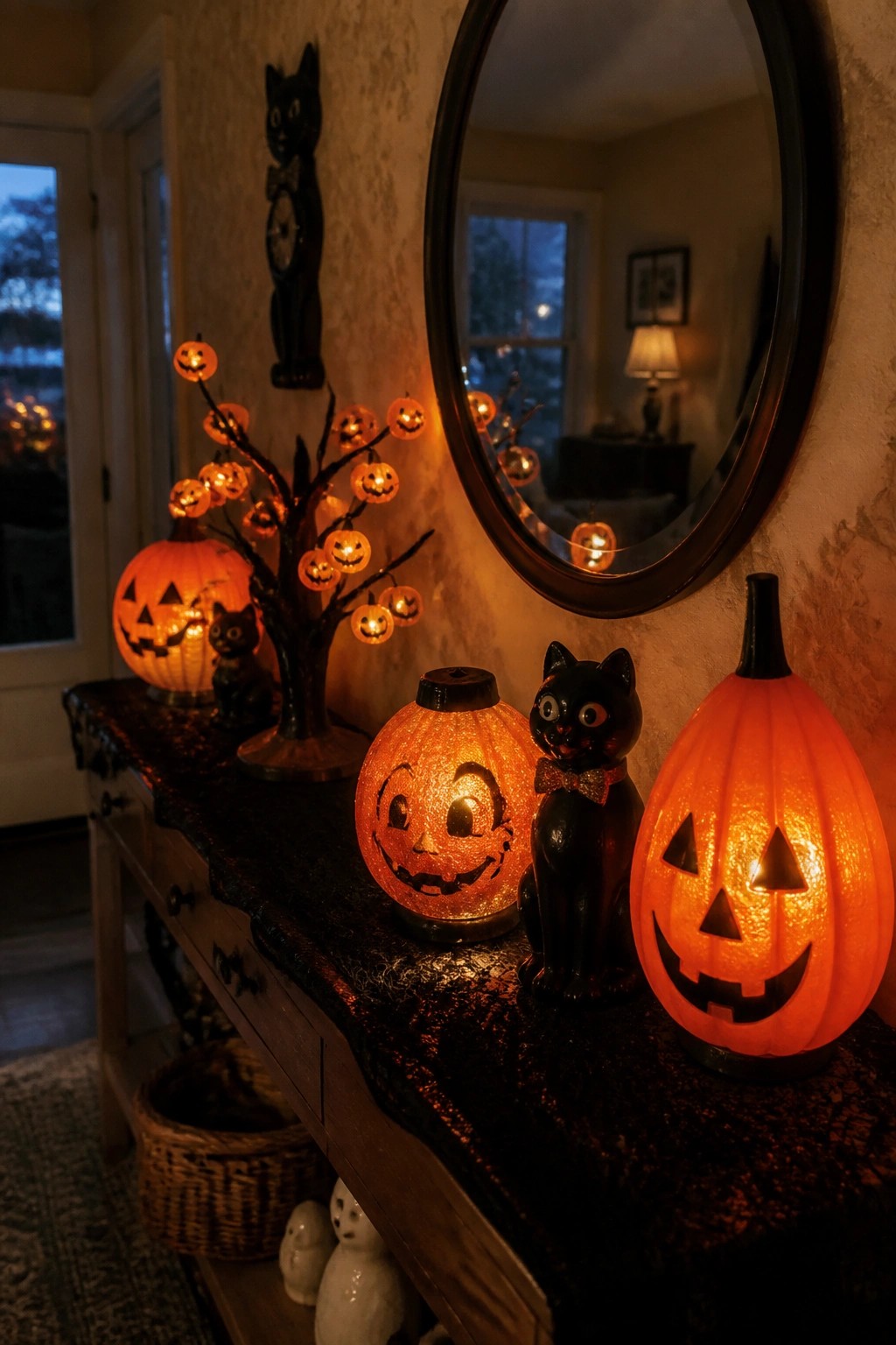 Entryway console table with several glowing vintage-style jack o lanterns and black cat figurines arranged together.