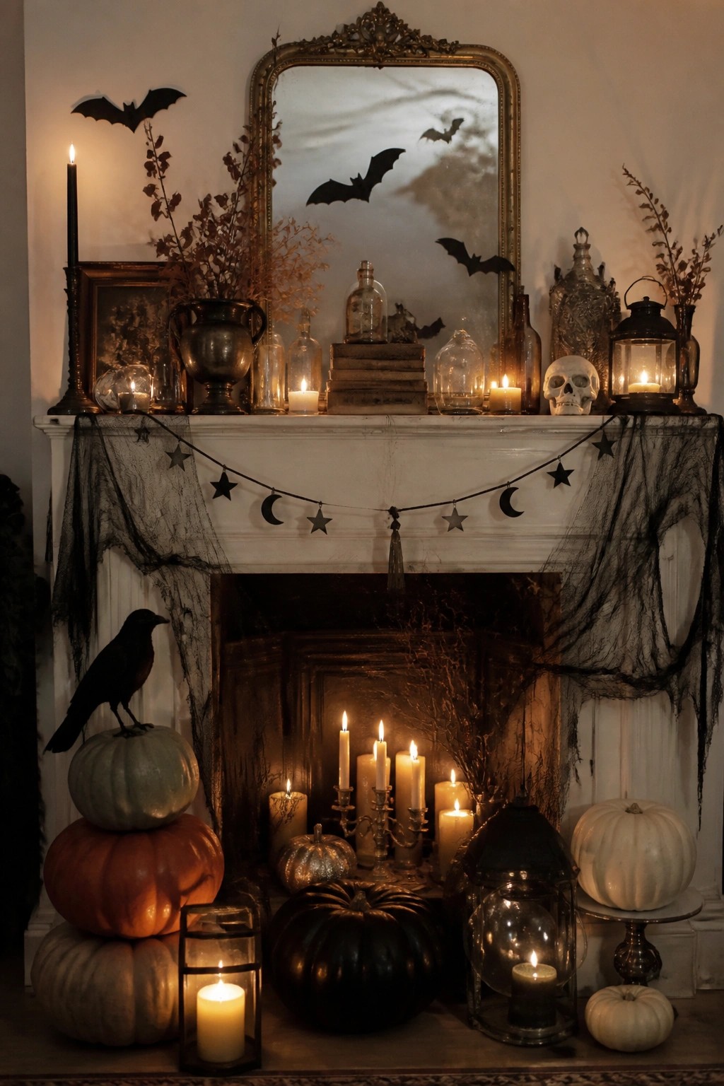 White fireplace mantel decorated with black paper bats around an ornate mirror, a moon and star garland, candles, a skull, and pumpkins in the hearth.