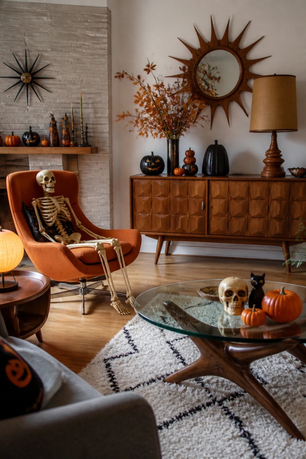 A full skeleton seated in an orange mid-century armchair in a retro living room with pumpkins and a skull on the coffee table.