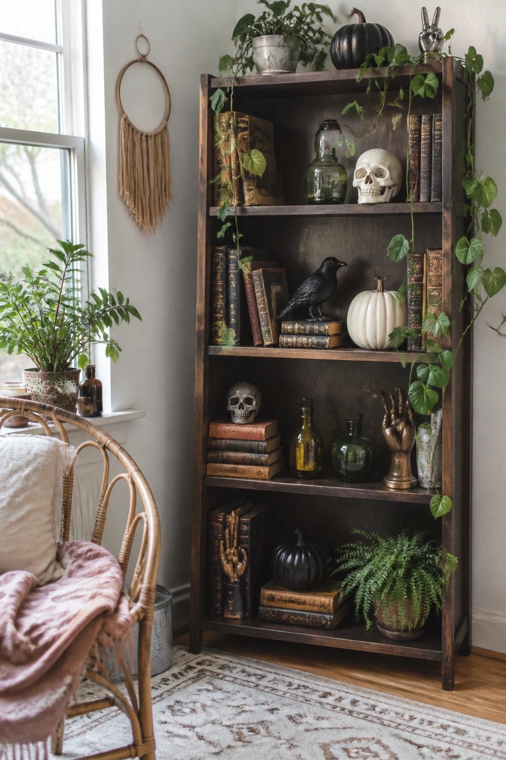Dark wooden bookshelf styled with old books, white and gray skulls, a black crow figurine, small pumpkins, and glass bottles for a retro Halloween display.