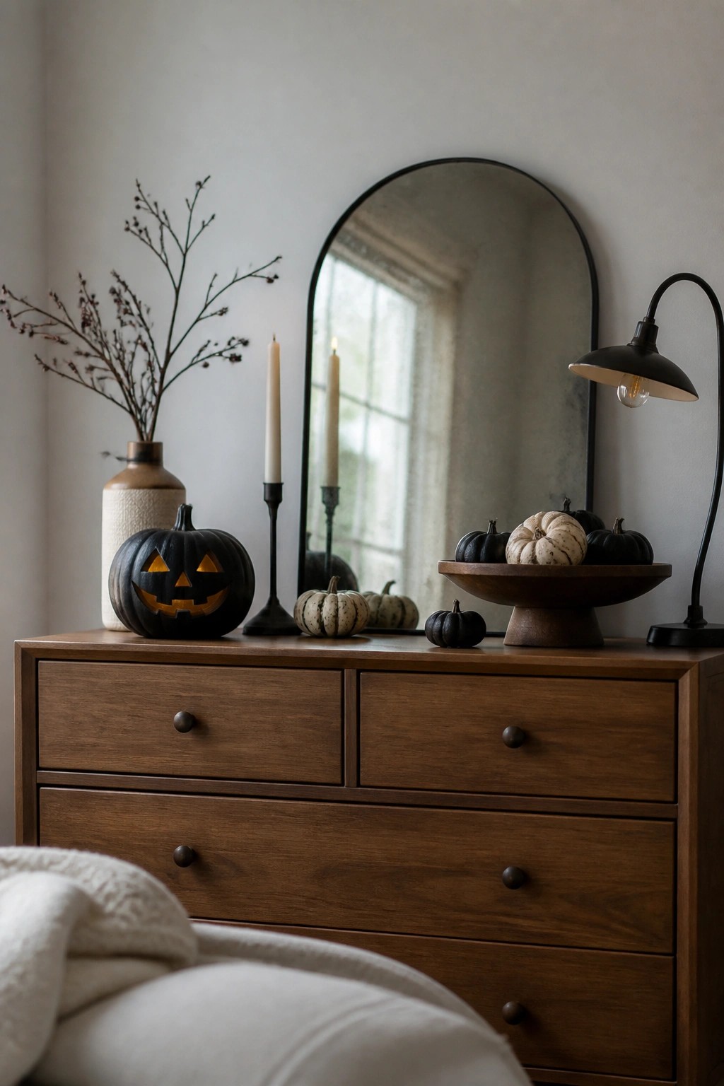 Wooden dresser topped with a glowing carved jack o lantern, black and speckled pumpkins in a wooden bowl, taper candles, and bare branches in a vase.