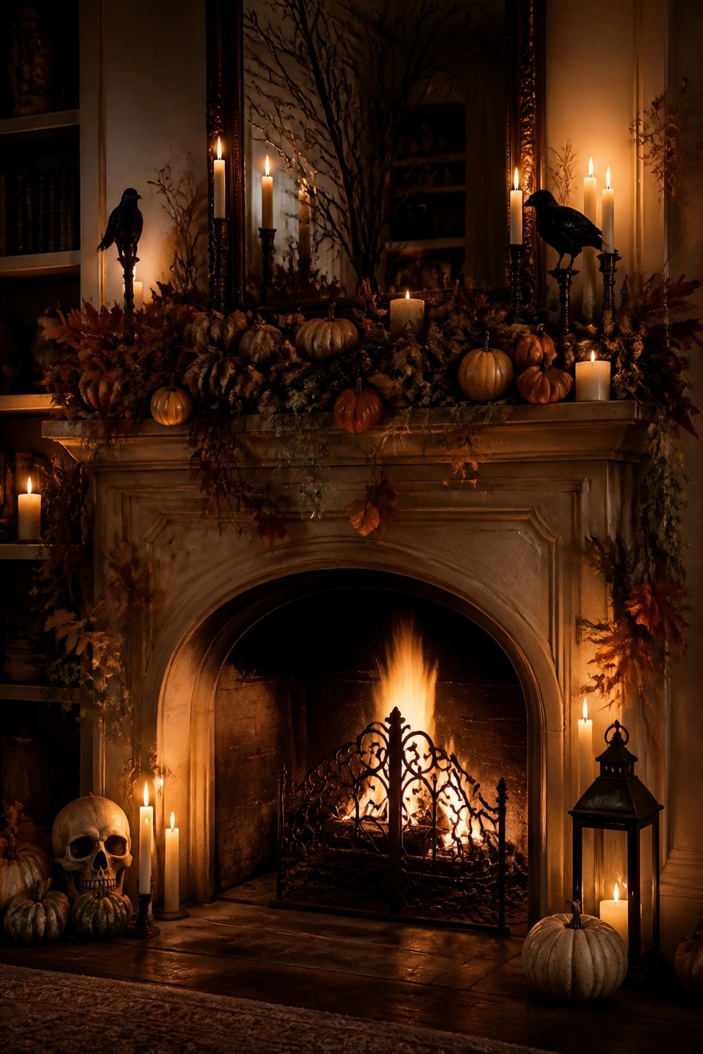 Stone fireplace mantel decorated with black crows, white candles, pumpkins, and autumn leaves for Halloween.