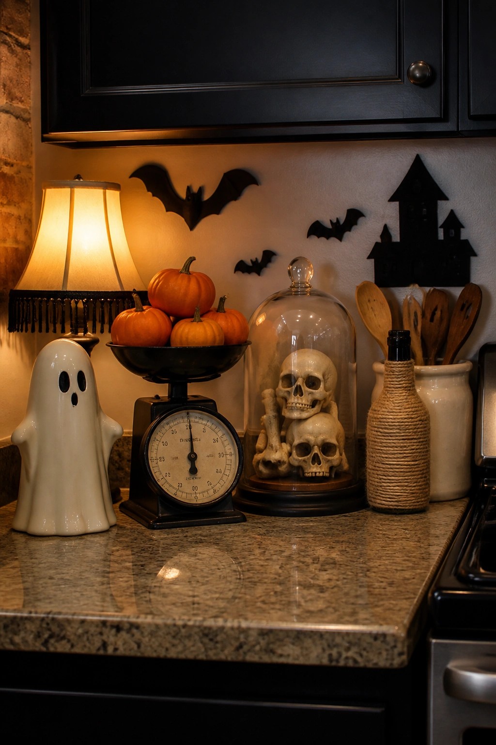 Kitchen counter with a white ghost figurine, vintage scale holding small pumpkins, skulls under a glass cloche, black bat cutouts on the wall, and a twine-wrapped bottle.