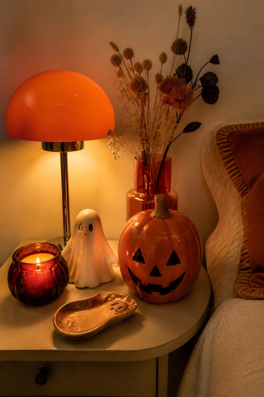 Nightstand holding an orange retro lamp, white ceramic ghost figurine, pumpkin-shaped container, lit red candle holder, and small ghost-shaped tray.