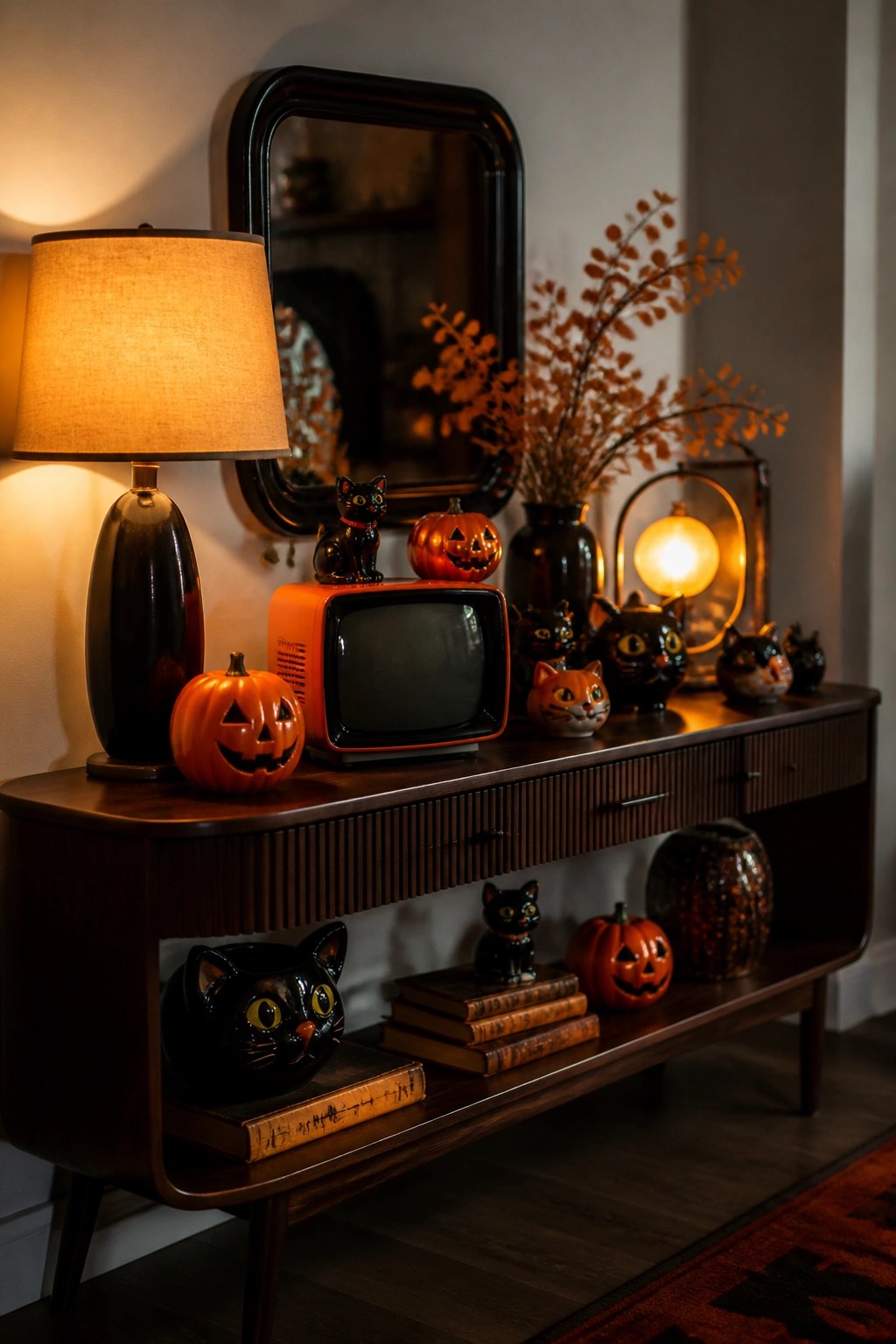 Wooden mid-century console styled with a small orange retro television, several black cat figurines, and carved jack o' lanterns beneath a dark framed mirror.