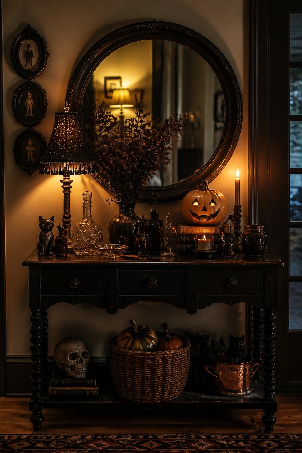Entryway console table styled with a glowing jack o lantern, vintage glass bottles, a skull, black cat figurines, and autumn pumpkins.