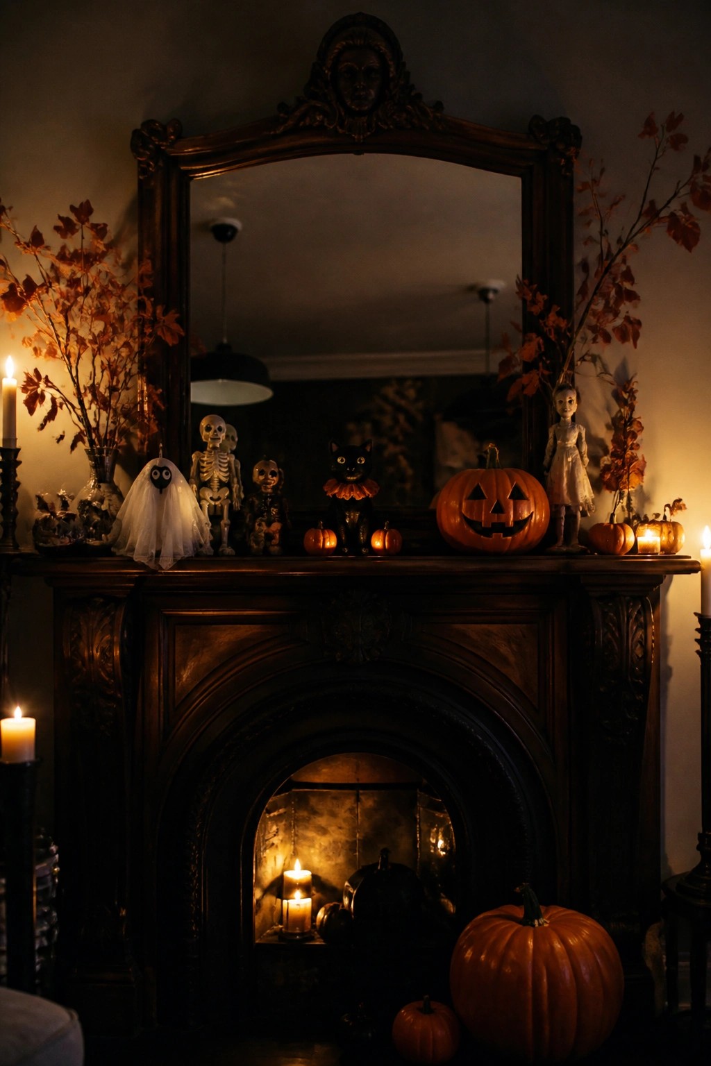 Dark wood mantel decorated with vintage Halloween figures including skeletons, a black cat, a ghost, a doll, and carved pumpkins.