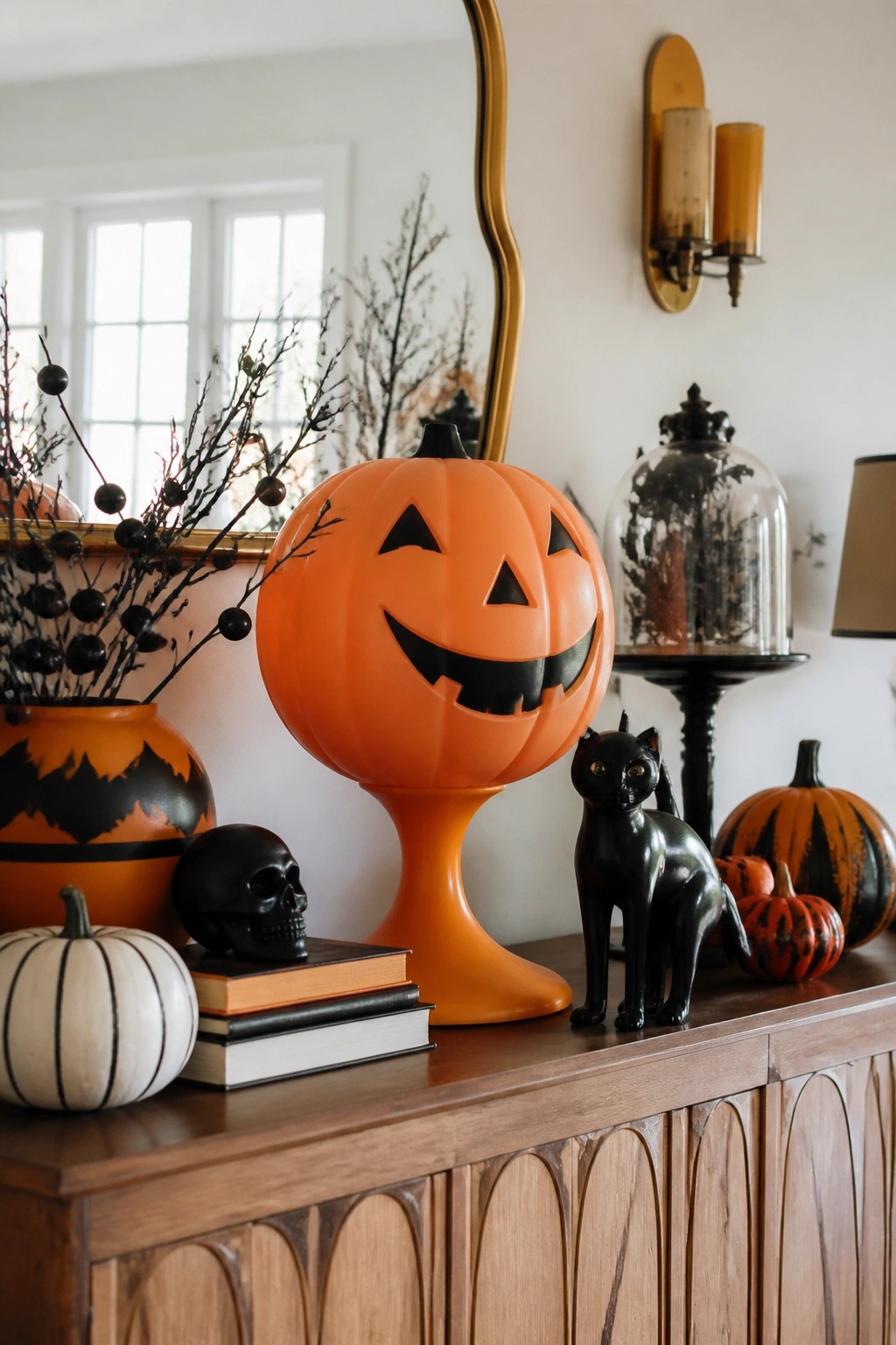 Large orange jack-o'-lantern on pedestal with black cat, skull, and pumpkins on cabinet.