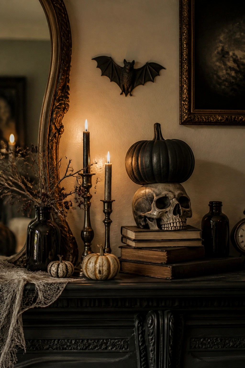 Dark mantel featuring a skull topped with a black pumpkin on stacked books, flanked by candles and a bat wall decoration.