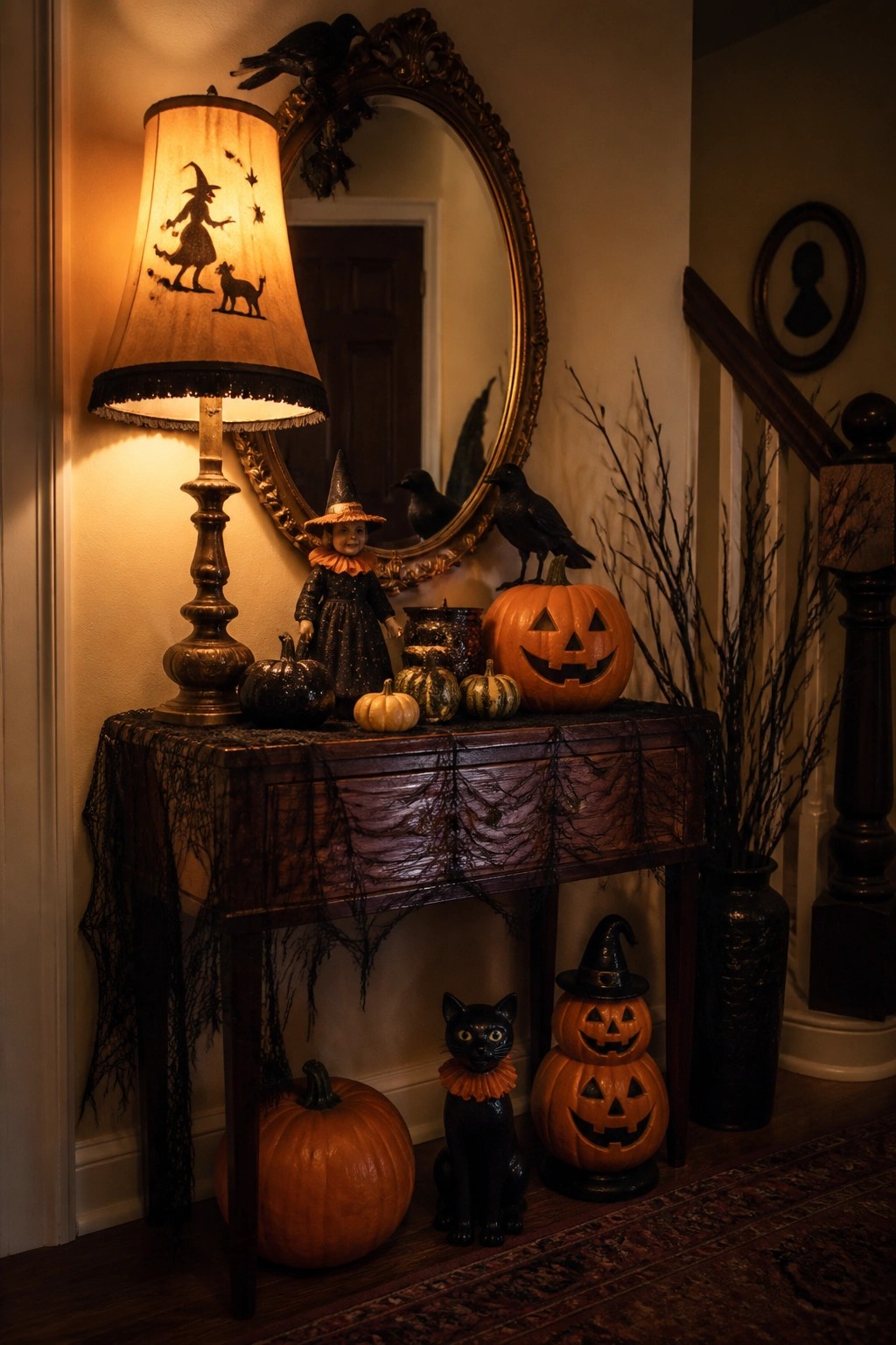 Halloween table with glowing witch lamp, pumpkins, black cat, doll, and crows.