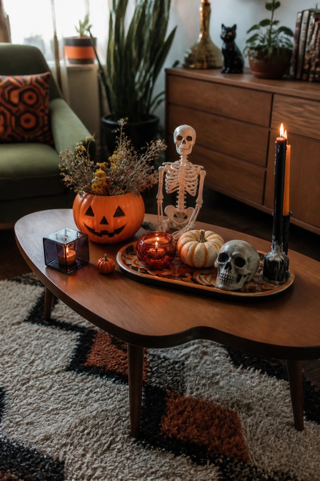 Wooden coffee table with a patterned tray displaying a small white skeleton, a gray skull, lit black and red candles, and a small orange pumpkin.
