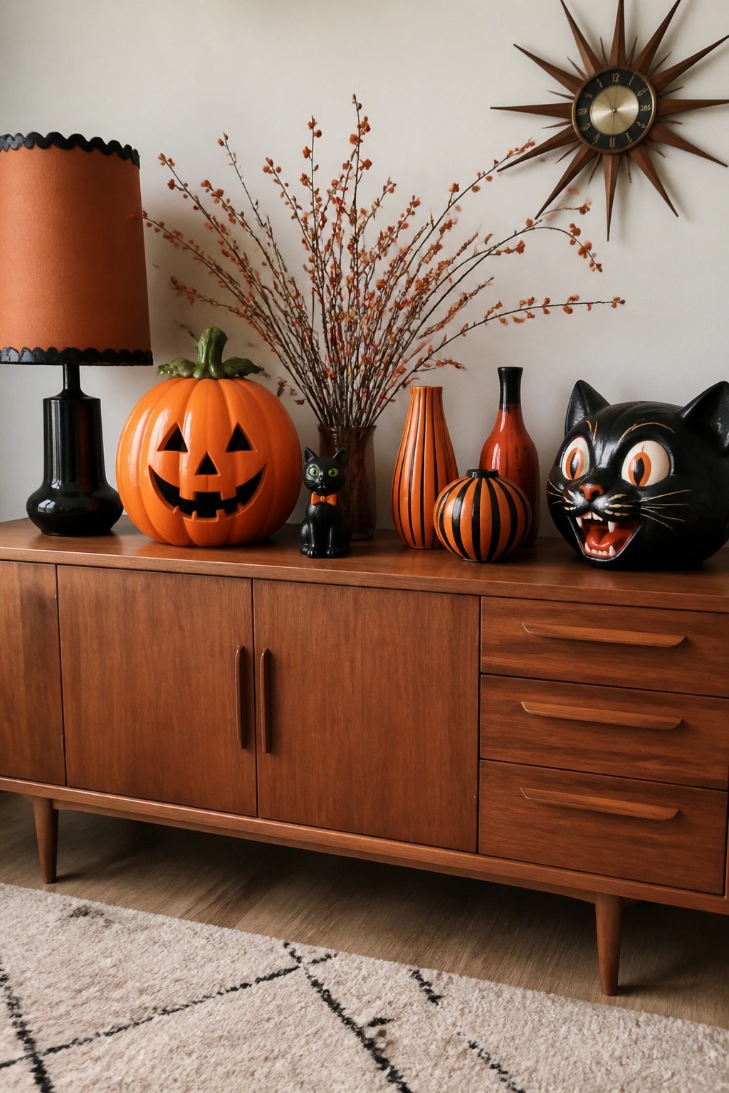 Mid-century console table styled with a large carved pumpkin, black cat figurine, striped pumpkin, orange and black vases, and a large black cat head mask.