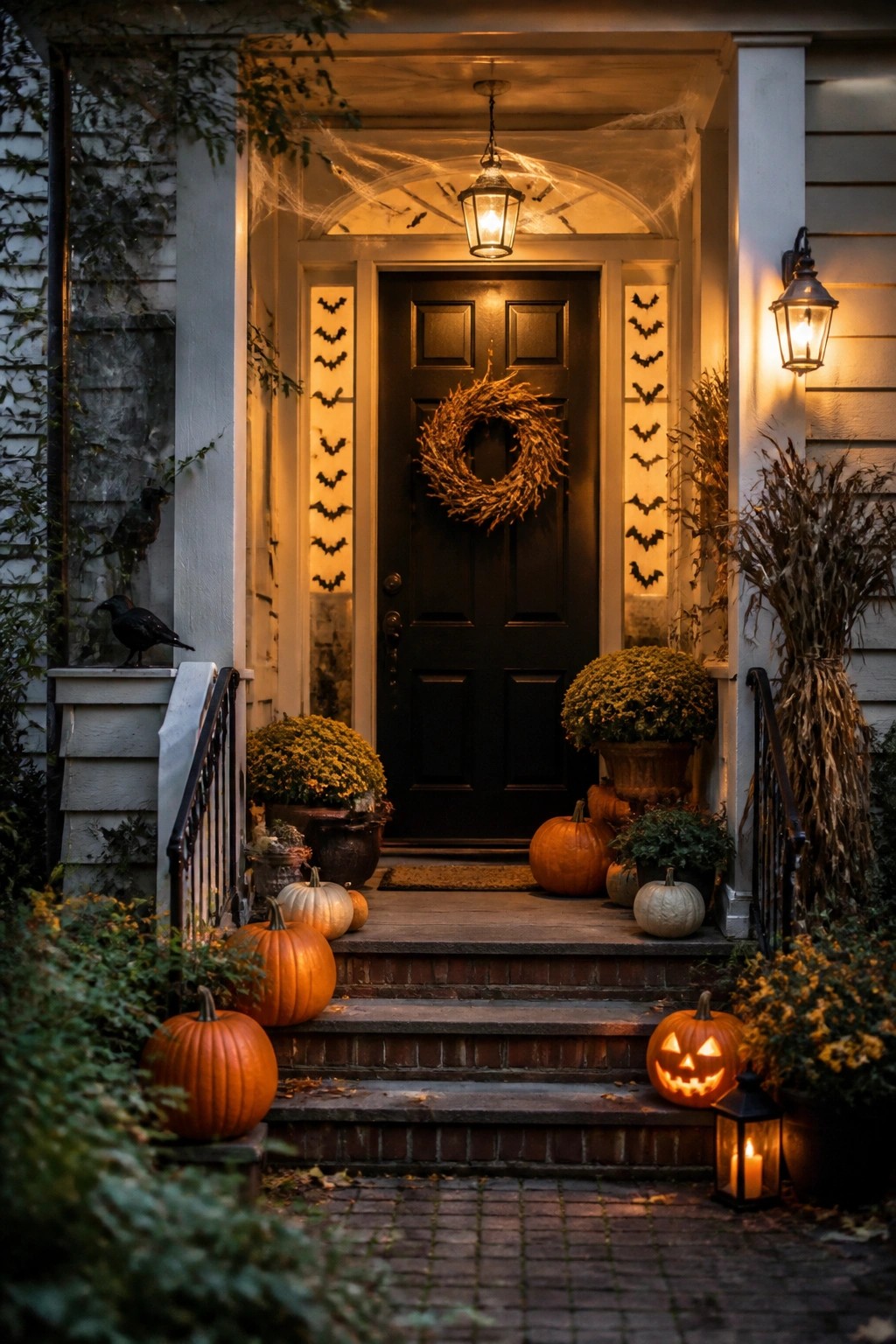 Front entrance with glowing bat silhouettes lining both sides of a dark door, pumpkins on the brick steps, and spiderwebs above the porch.