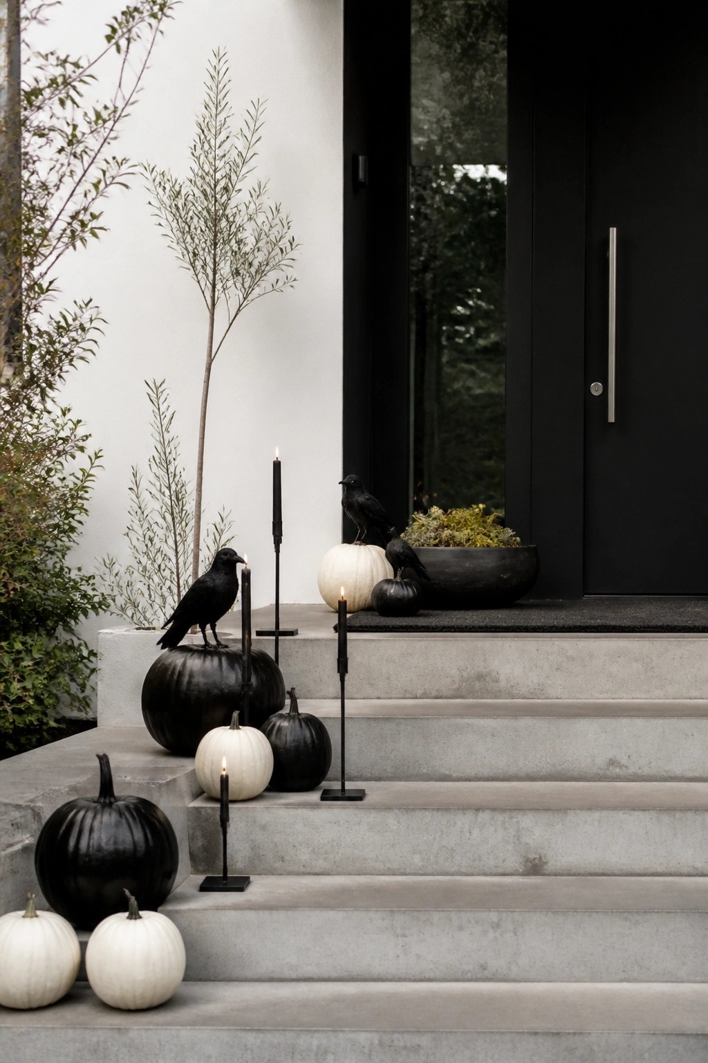 Concrete steps at a modern entrance lined with black and white pumpkins, black crows, and tall black candles leading to a black front door.