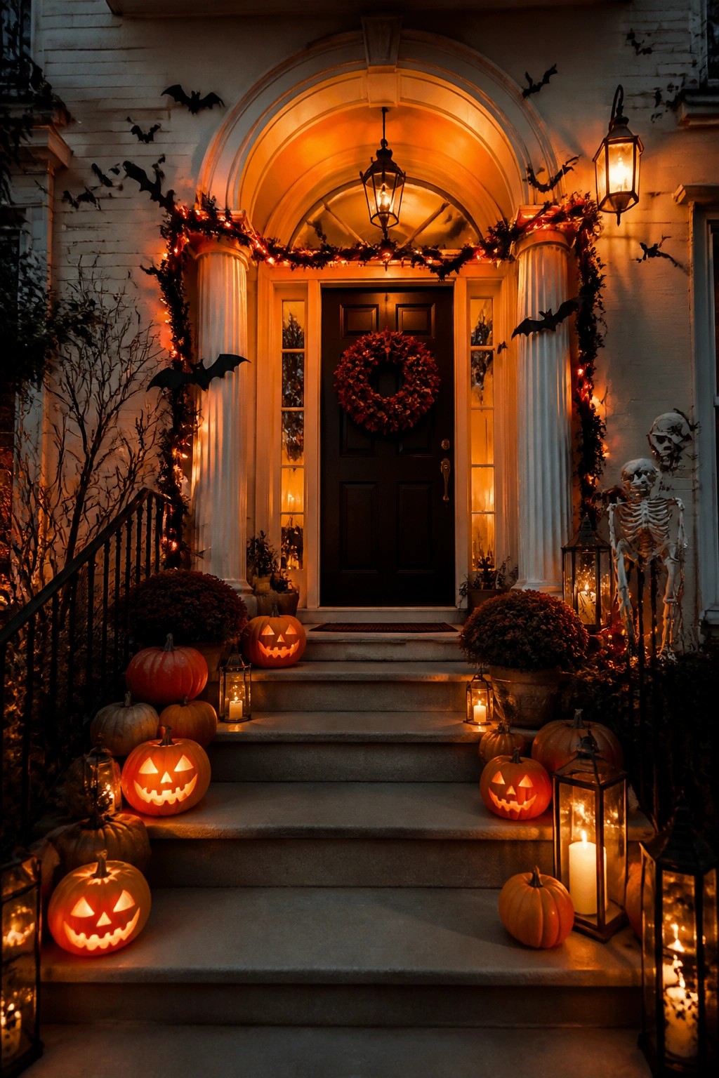 Front entrance with black bats attached around the arched doorway and columns, carved jack-o'-lanterns on the steps, and skeletons positioned to the right.