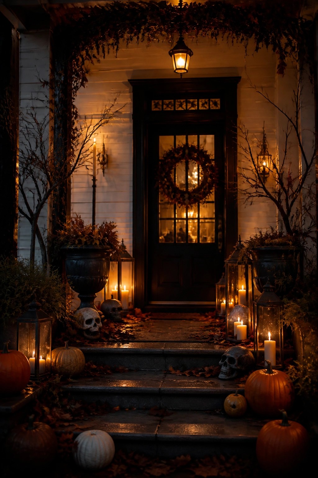 Front entrance steps lined with human skulls, glowing lanterns, and orange pumpkins leading to a dark door with a wreath.