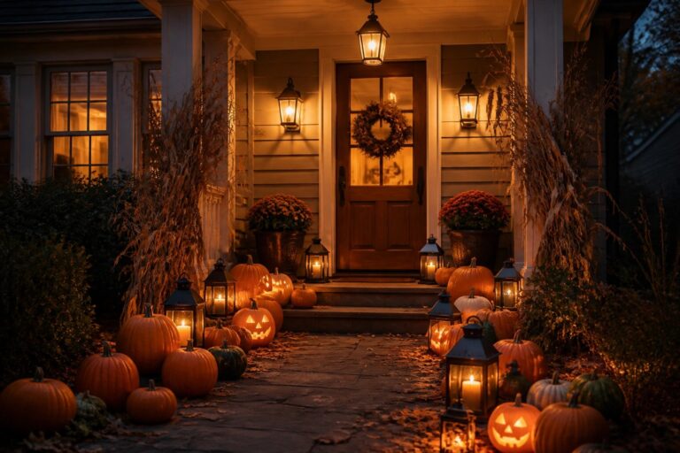 House entrance with many carved and glowing jack-o'-lanterns arranged on the steps and ground around a black front door.