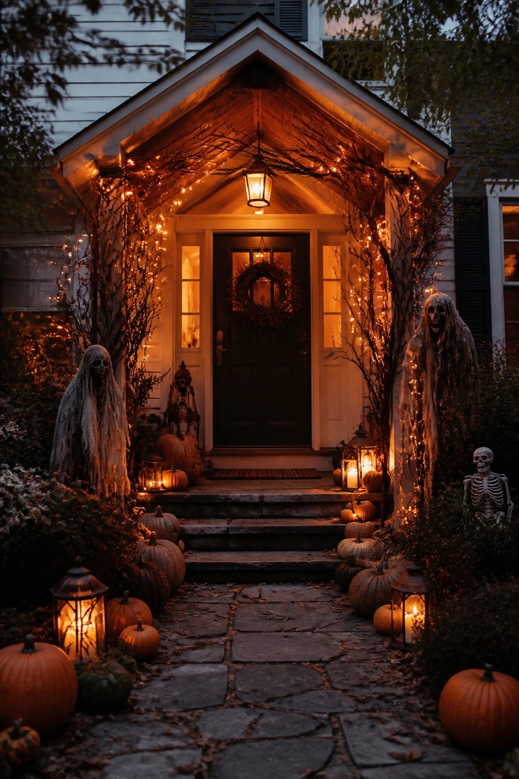 Front entrance with two tall ghost figures flanking the door, a skeleton on the right, pumpkins, and lanterns along the steps and stone path.