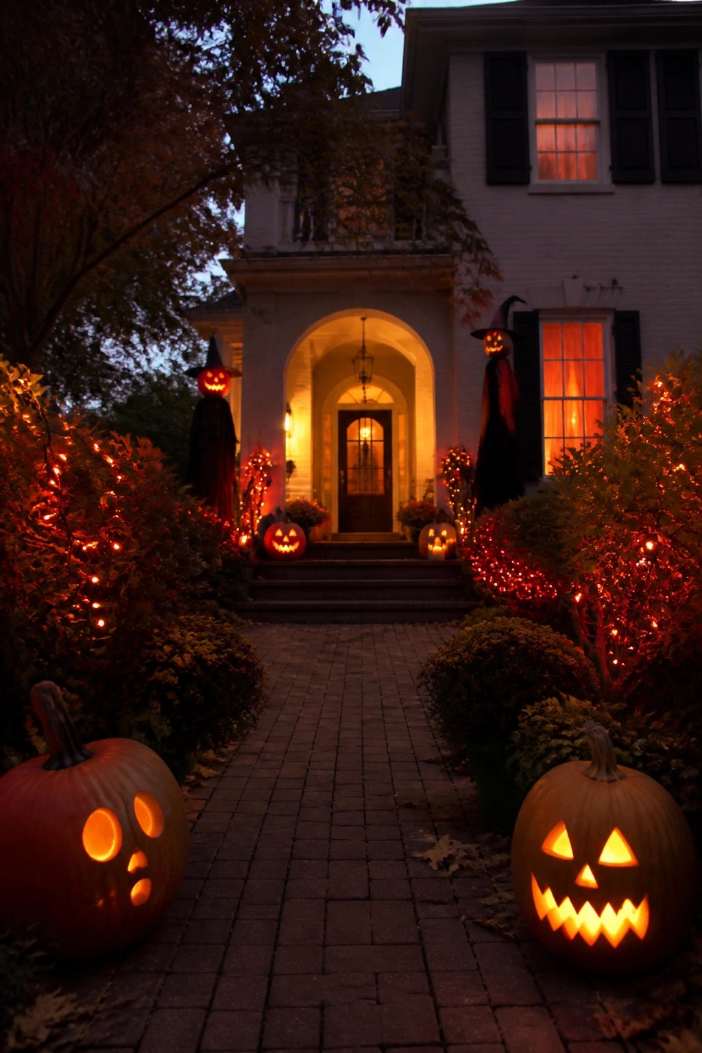 Halloween porch with glowing pumpkins, witch figures, and red lights on brick path.